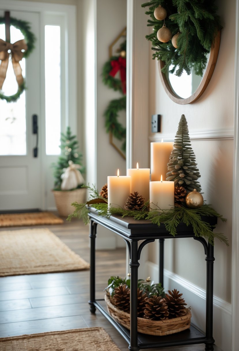 A side table in an entryway decorated with pine-scented soy candles, pine cones, and evergreen branches, creating a warm holiday atmosphere.