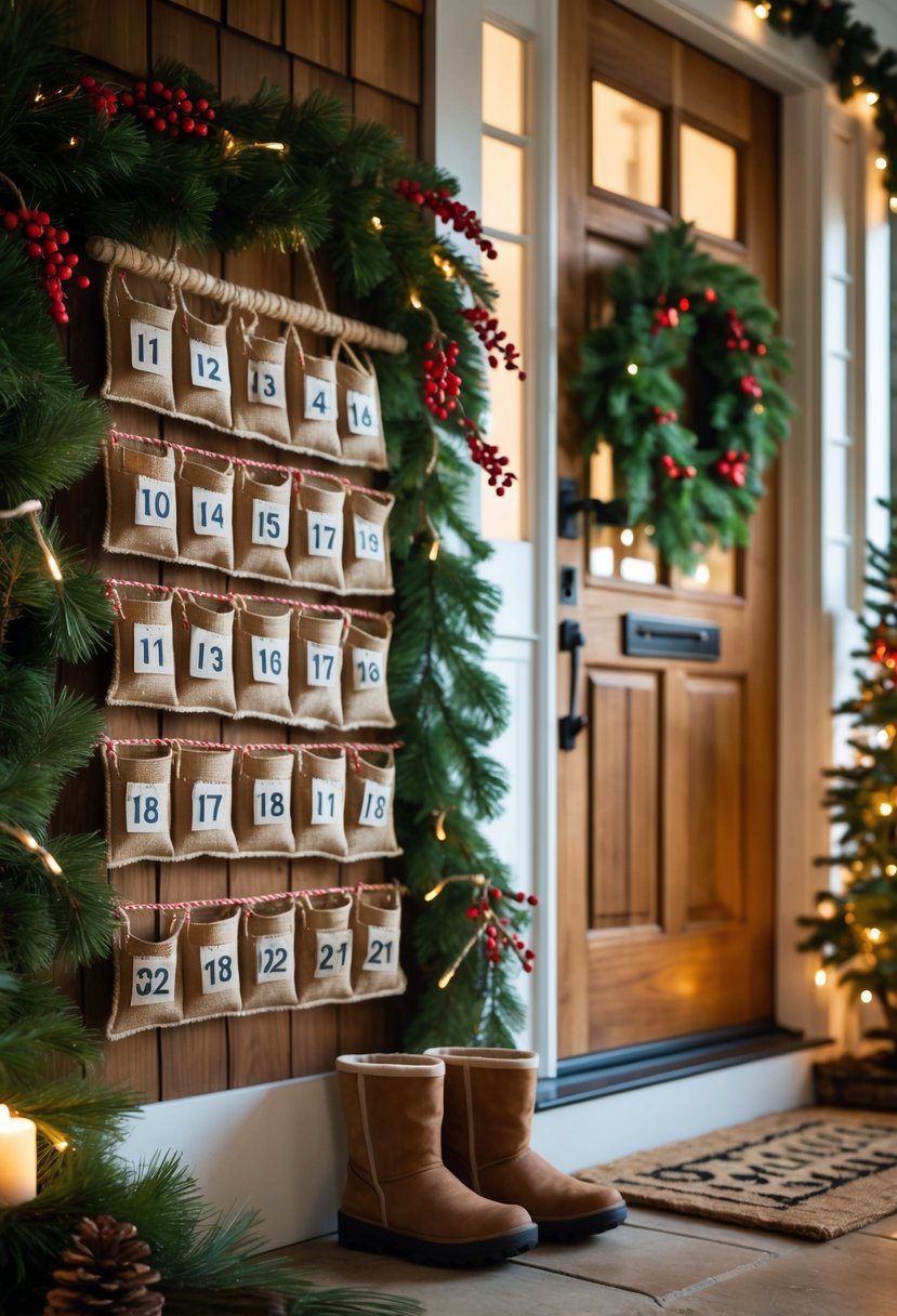 A handmade advent calendar hanging next to a wooden front door decorated with Christmas greenery and ornaments.