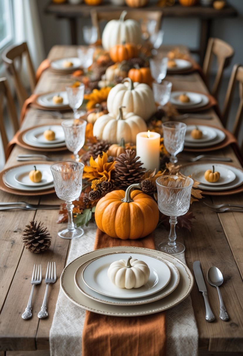 A Thanksgiving table decorated with autumn-themed centerpieces, candles, pumpkins, and elegant place settings.