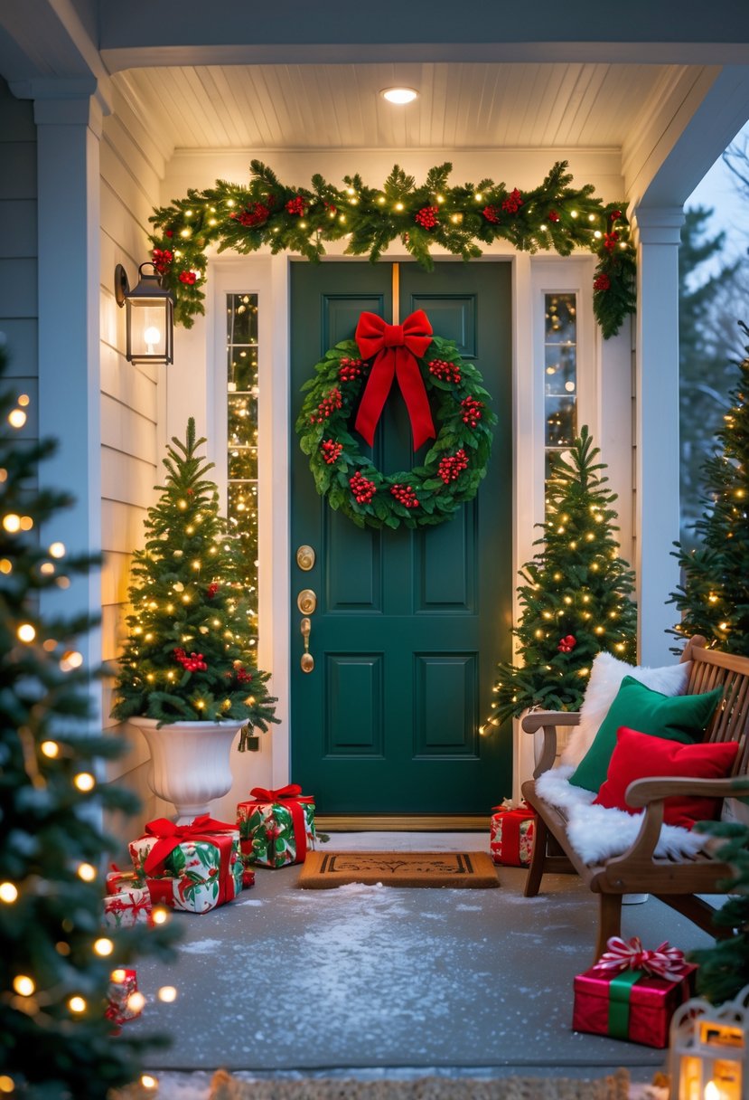 A festive home entryway decorated with a green wreath on the door, potted evergreen plants with lights, a doormat, a bench with cushions and wrapped gifts, and soft snow on the porch.
