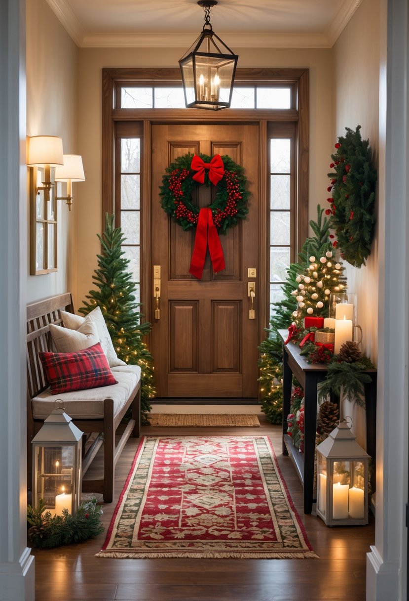 A decorated home entryway with a wreath on the door, lanterns, a bench with cushions, a console table with holiday decorations, and a festive rug.
