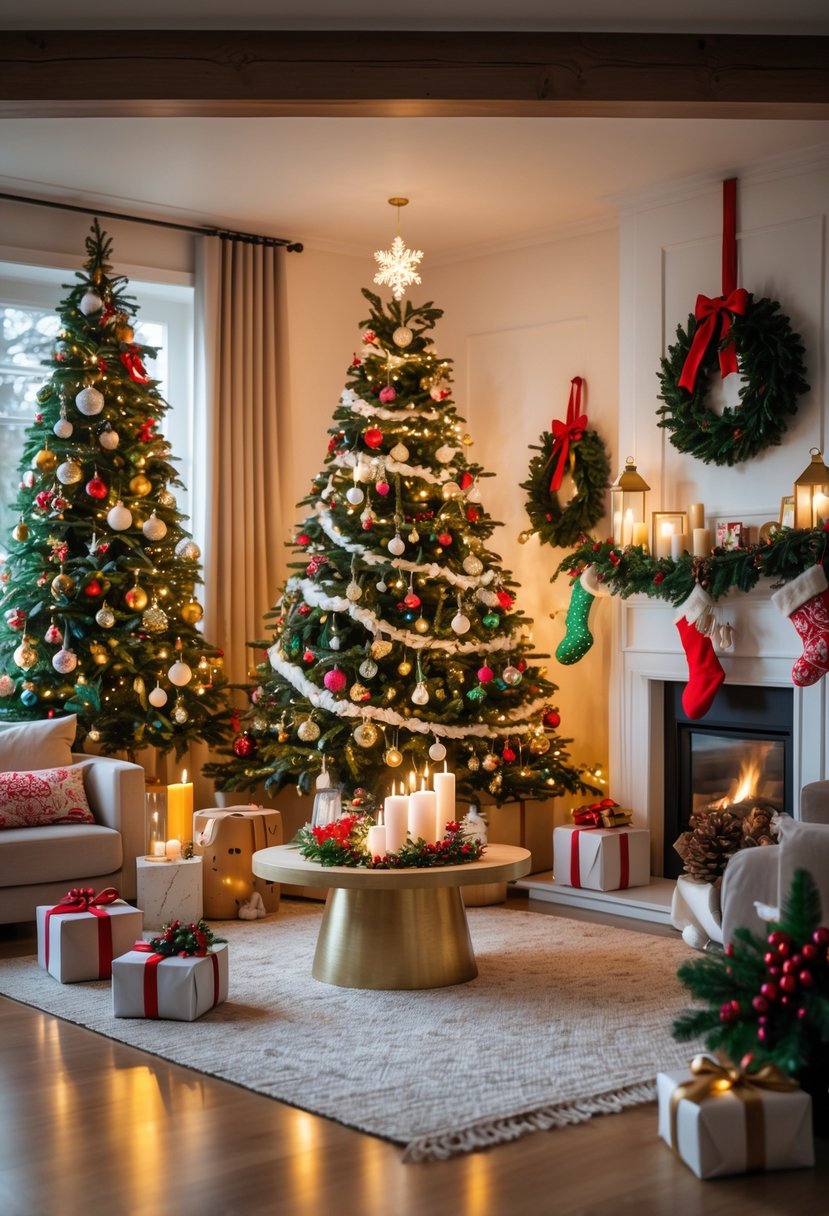 Sıcak ve davetkar bir odada 13 farklı yılbaşı dekoru fikirleriyle süslenmiş büyük bir yılbaşı ağacı ve etrafında çeşitli süslemeler.