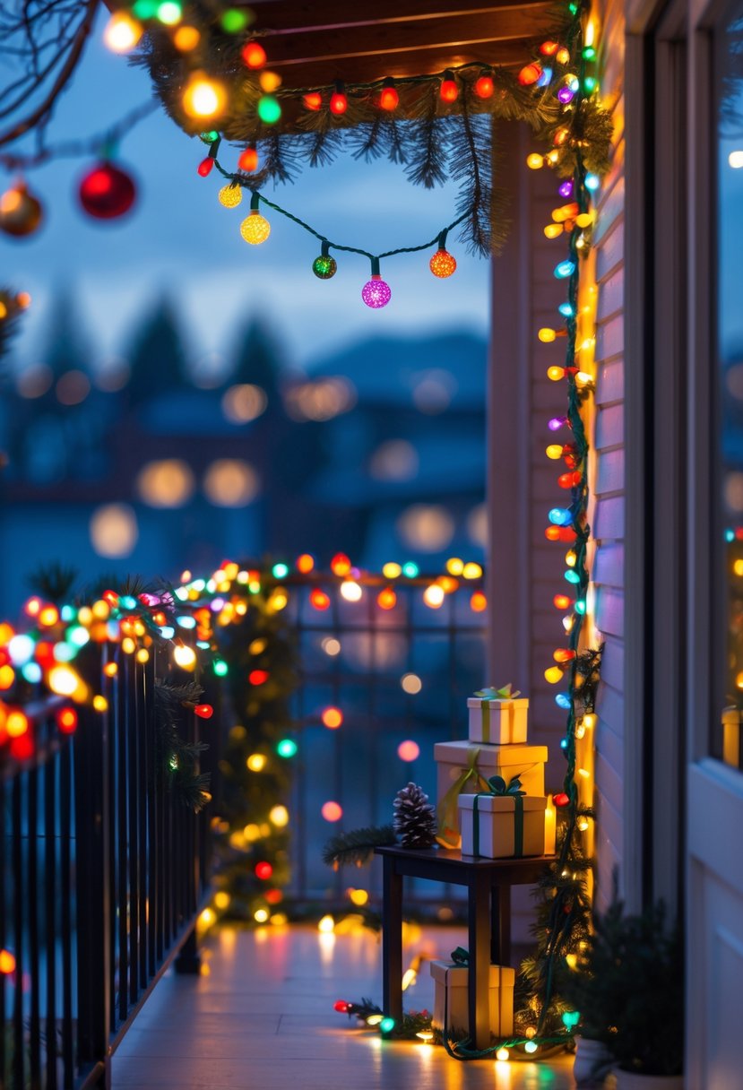 Rengarenk ışıklarla süslenmiş balkon, yılbaşı dekorasyonuyla sıcak ve davetkar bir atmosfer sunuyor.