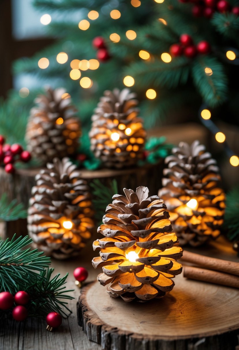 El yapımı kozalak fenerlerinin sıcak ışıklarla süslendiği, doğal yılbaşı dekorlarıyla çevrili bir masa.