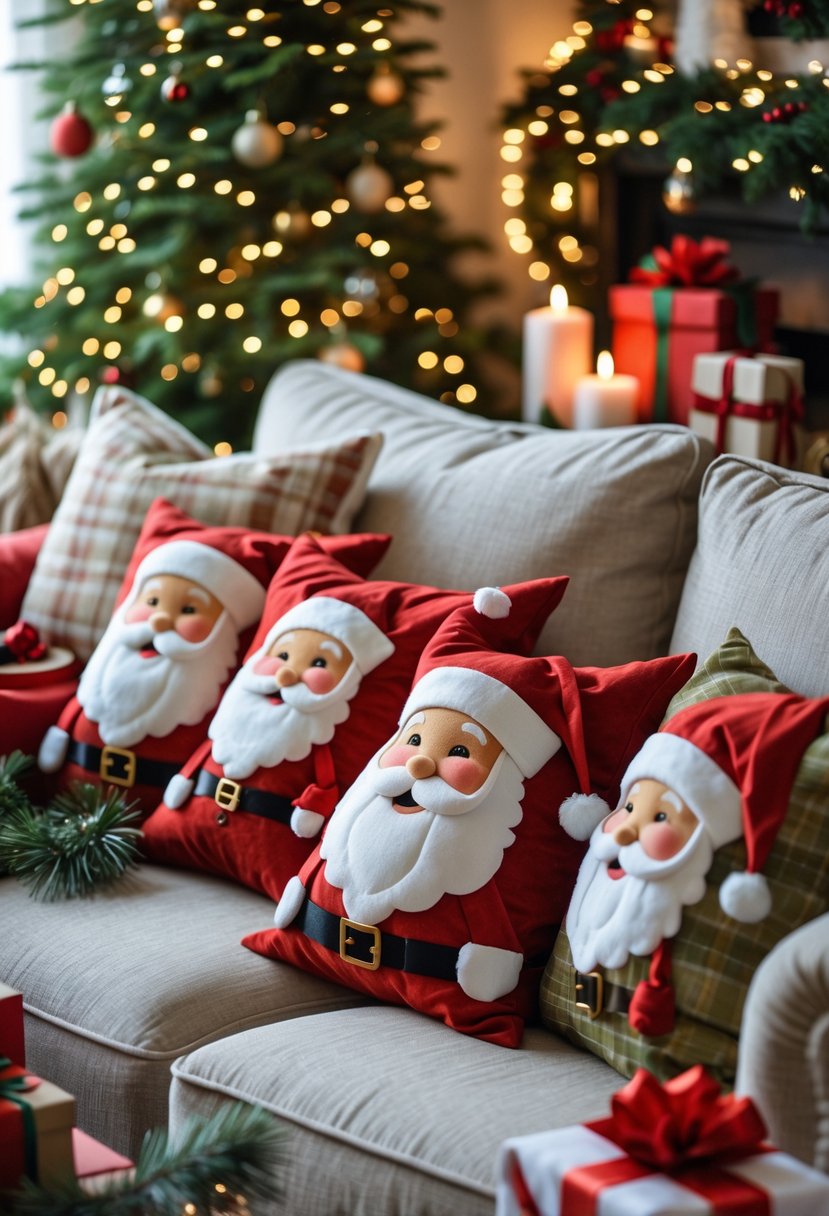 Santa baba figürlü yastık kılıflarının yer aldığı, yılbaşı dekorasyonuyla süslenmiş rahat bir oturma odası.