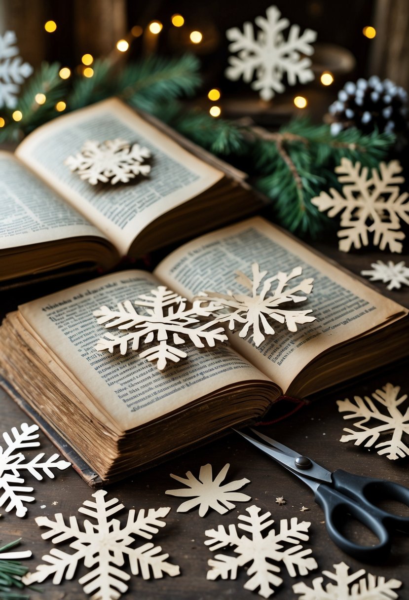Eski kitaplardan yapılmış kar tanesi süslemelerinin olduğu bir yılbaşı dekorasyon sahnesi.