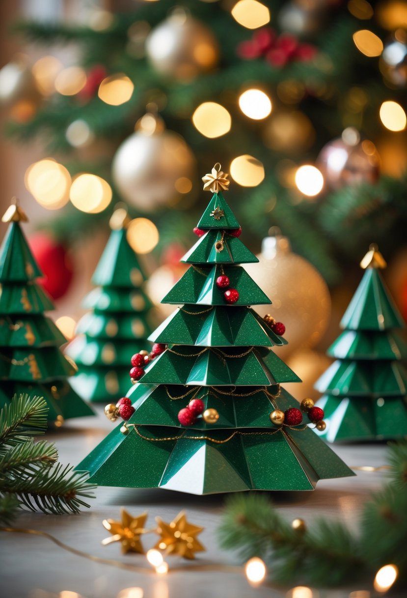 Piramid şeklinde çam ağacı süslerinin şık bir şekilde düzenlendiği yılbaşı dekoru.