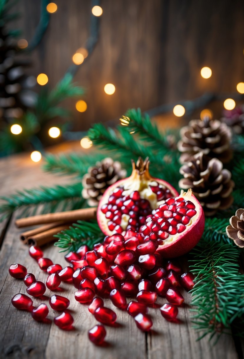 Masa ortasında nar taneleriyle süslenmiş doğal yılbaşı dekoru.