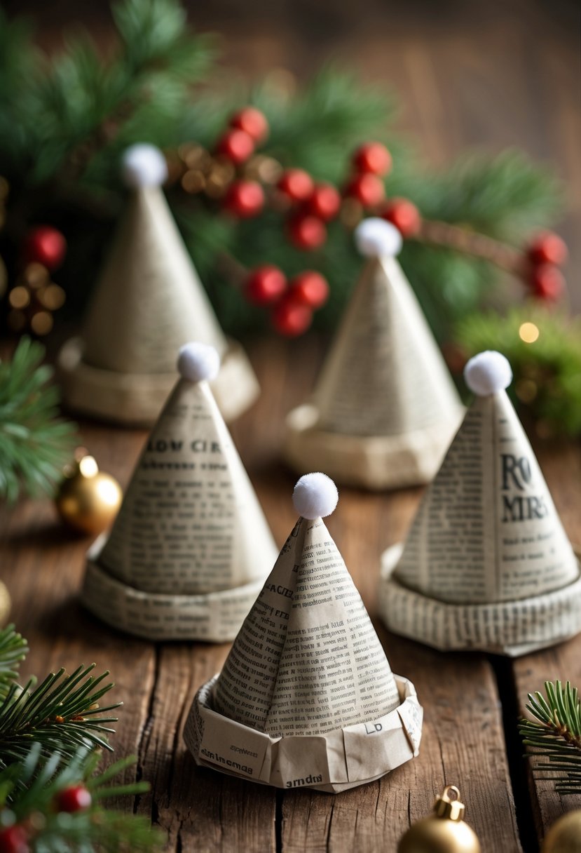 Gazete kağıdından yapılmış küçük yılbaşı şapkalarının ahşap bir zeminde düzenlenmiş hali, çevresinde yılbaşı süsleri bulunuyor.