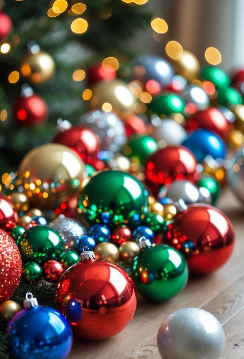 Renkli yılbaşı süslerinden oluşan parlak ve gösterişli bir süs zinciri.