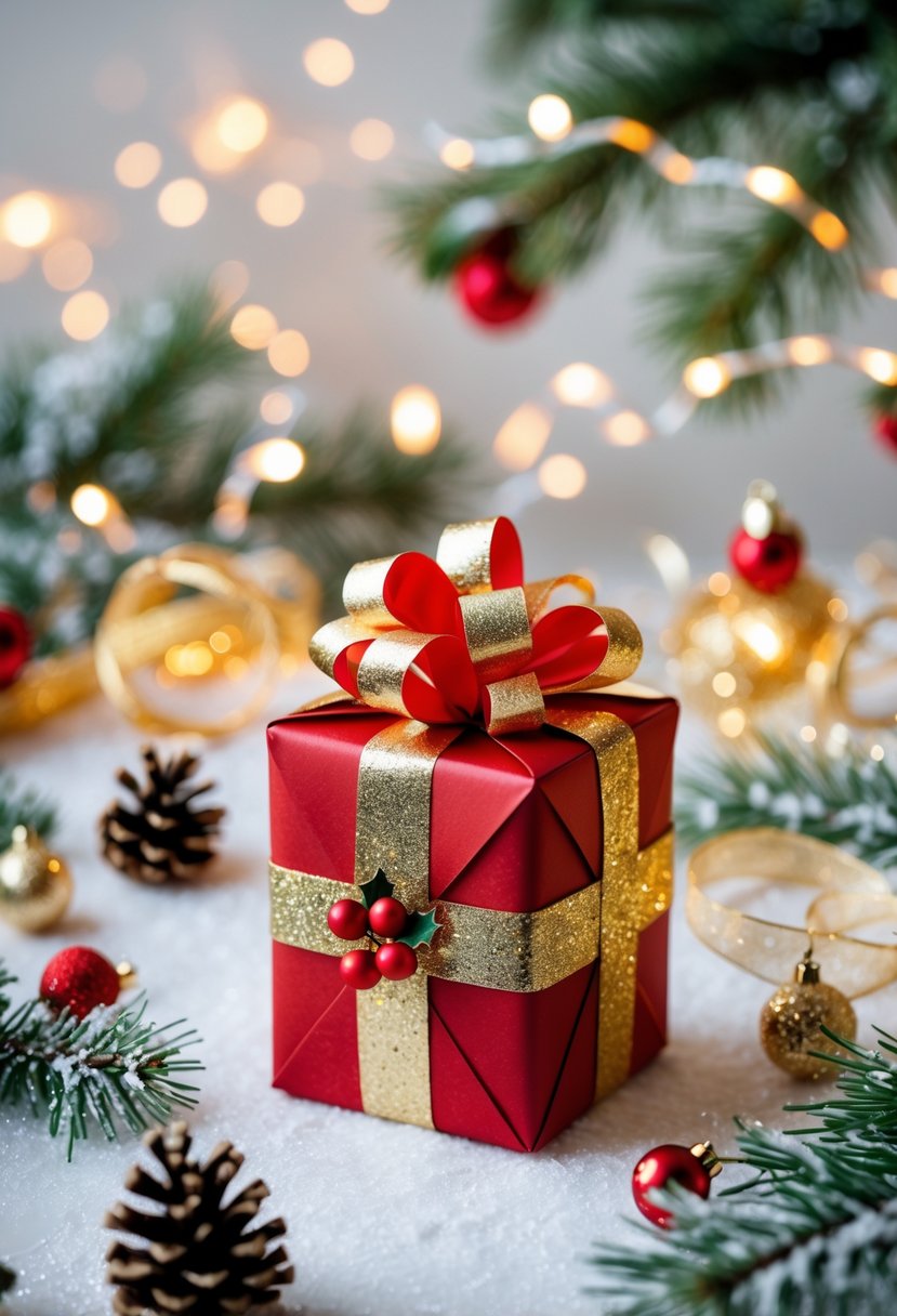 Yılbaşı süslemeleriyle çevrili, cips kutusundan yapılmış hediye kutusu.