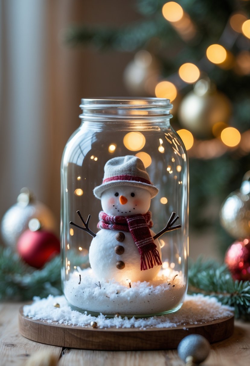 Cam kavanoz içinde küçük bir minyatür kardan adam, etrafında yapay kar ve yılbaşı süslemeleriyle birlikte.