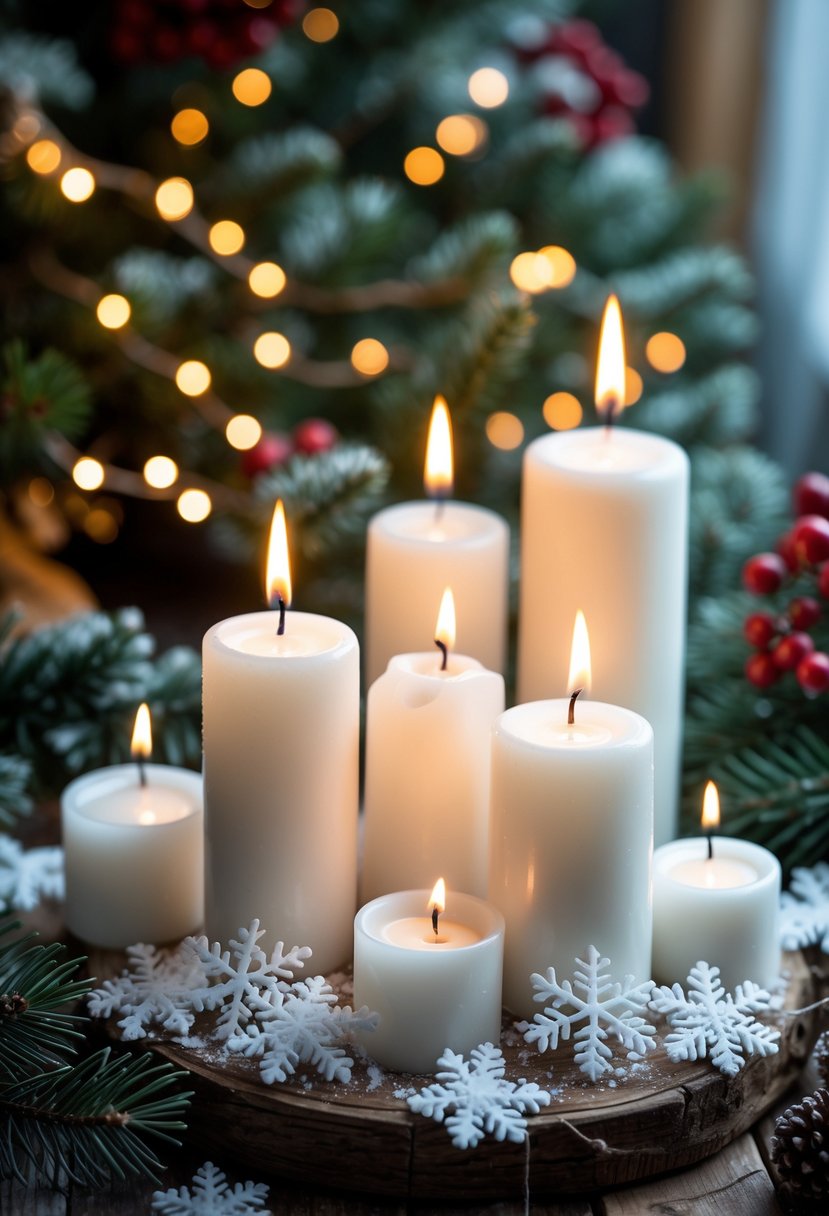 Beyaz mumların etrafında yapay kar efektinin olduğu, yılbaşı süslemeleriyle dekore edilmiş bir masa görüntüsü.