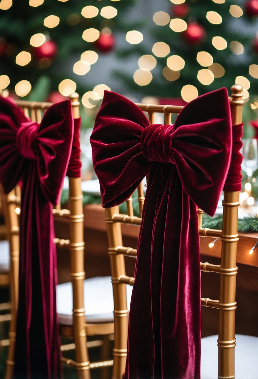 Kadife kurdelelerle süslenmiş sandalyeler ve yılbaşı dekorlarıyla donatılmış bir mekan.