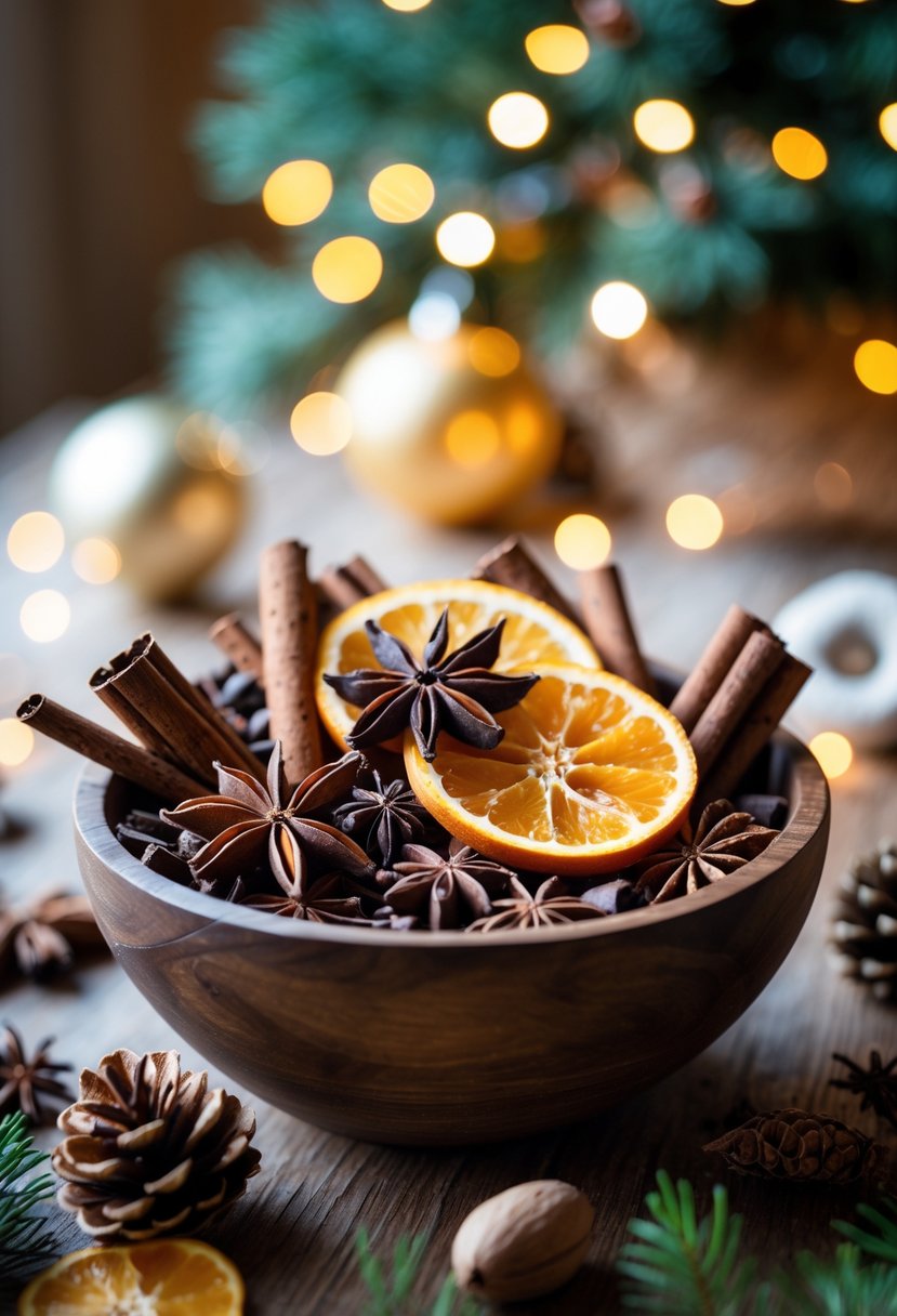 Ceviz, tarçın, kuru portakal dilimleri ve yıldız anasonuyla süslenmiş potpourri, arka planda yılbaşı süslemeleri ve ışıklarla birlikte bir masanın üzerinde duruyor.