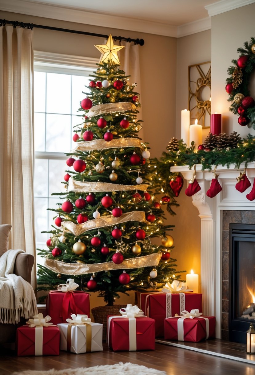 Kırmızı, altın ve beyaz renklerde uyumlu yılbaşı süslemeleriyle dekore edilmiş bir oturma odası köşesi, ışıklarla aydınlatılmış yılbaşı ağacı ve etrafında uyumlu dekorasyon öğeleri.