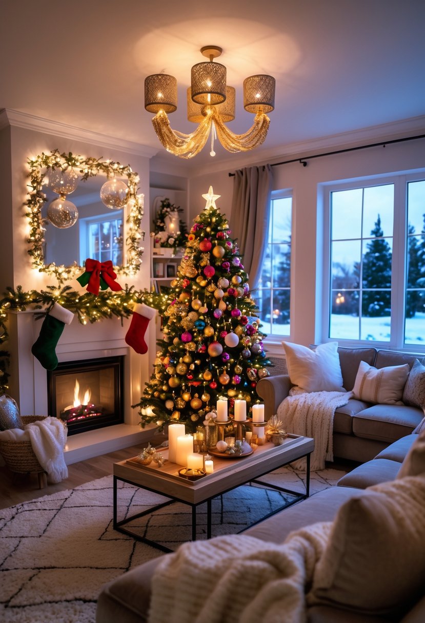 Yeni yıl süslemeleriyle dekore edilmiş sıcak ve davetkar bir oturma odası.