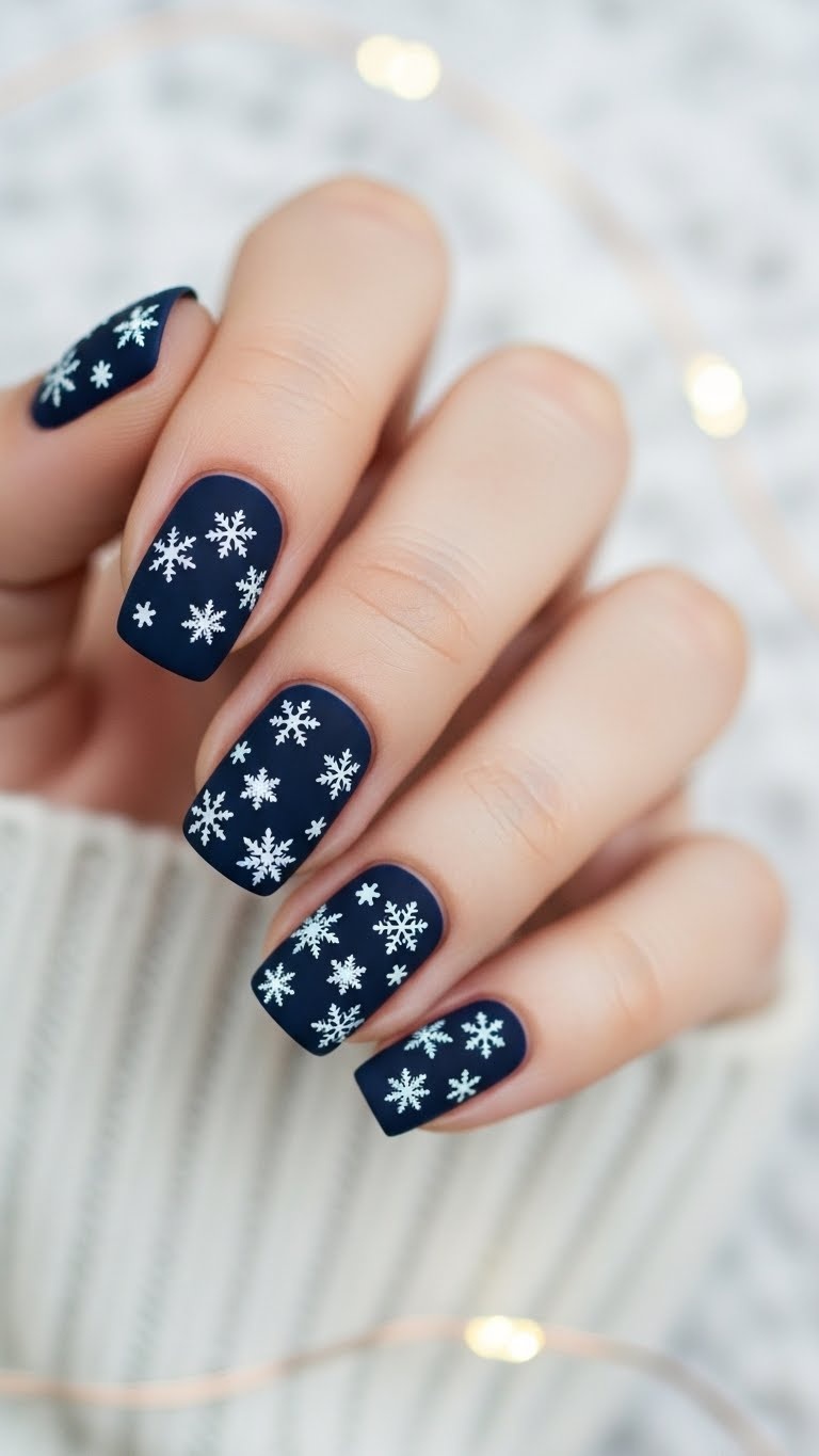 Matte navy nails with tiny white snowflakes