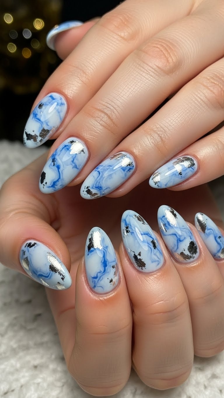 Icy blue marble with silver foil accents
