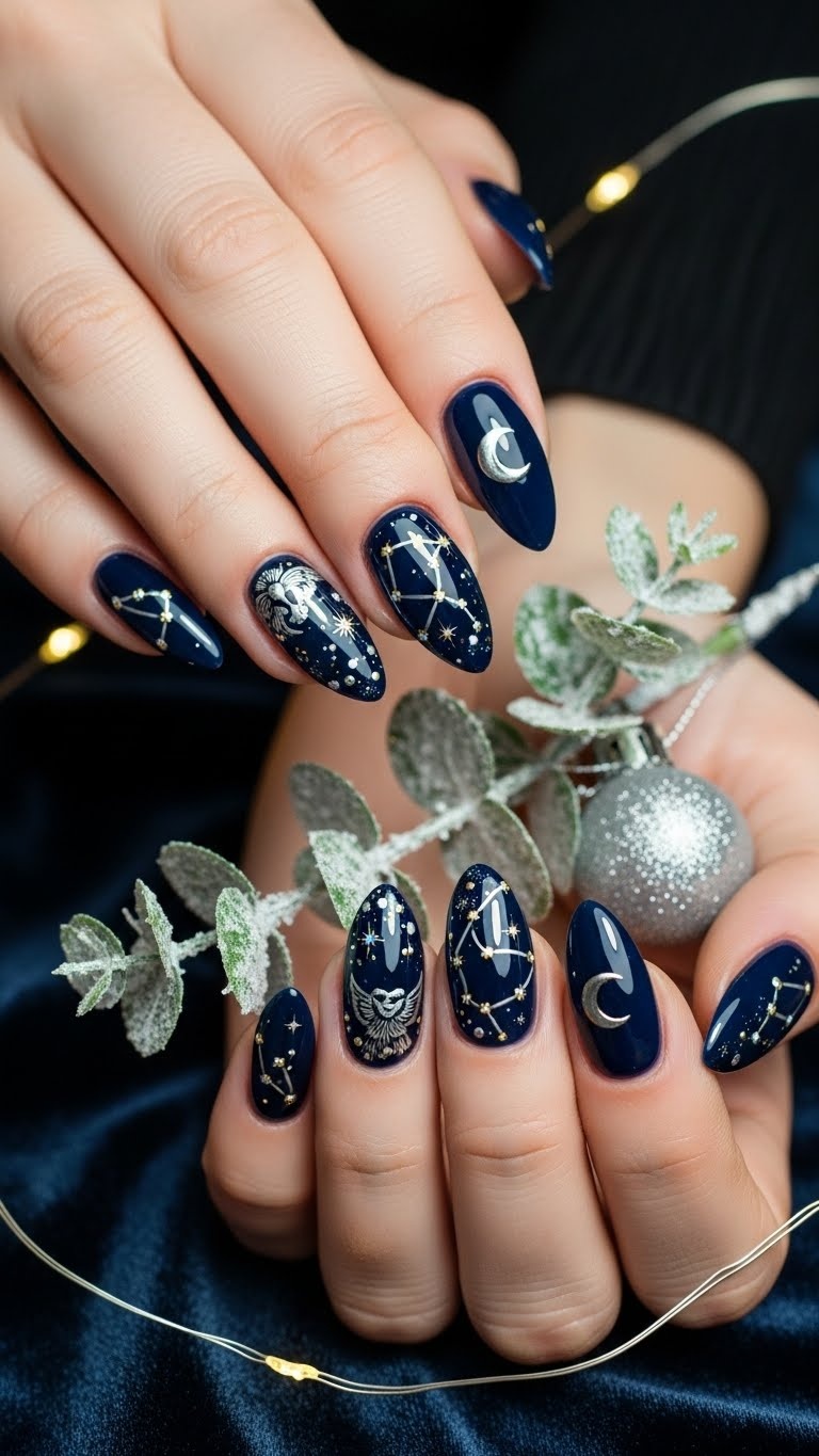 Midnight blue with starry constellation designs