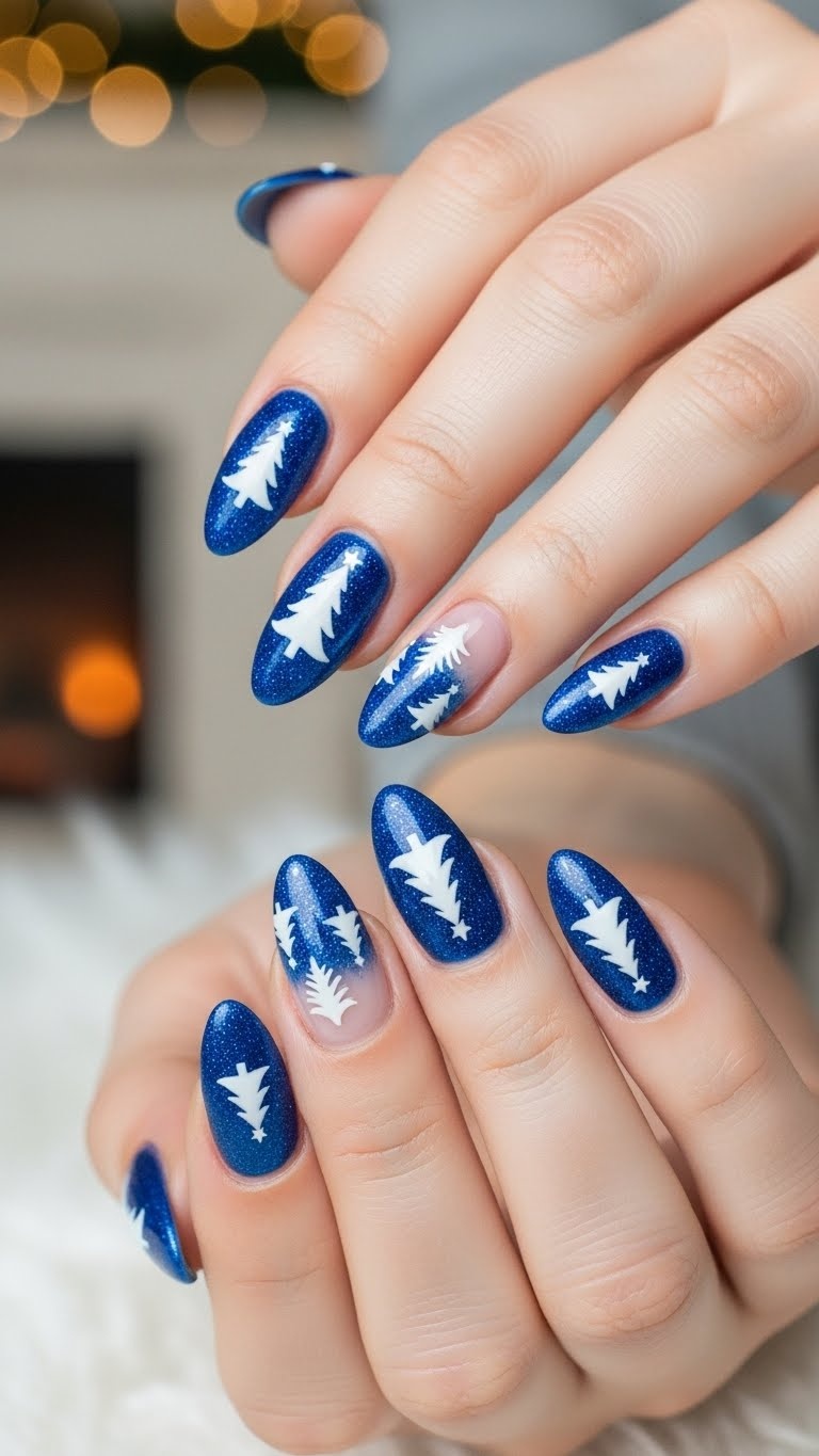 Sparkly sapphire with white Christmas tree silhouettes