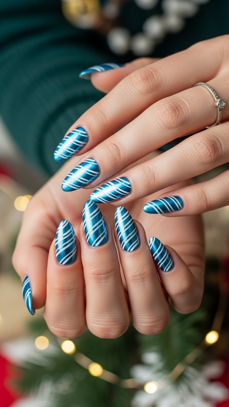 Metallic blue with white candy cane stripes