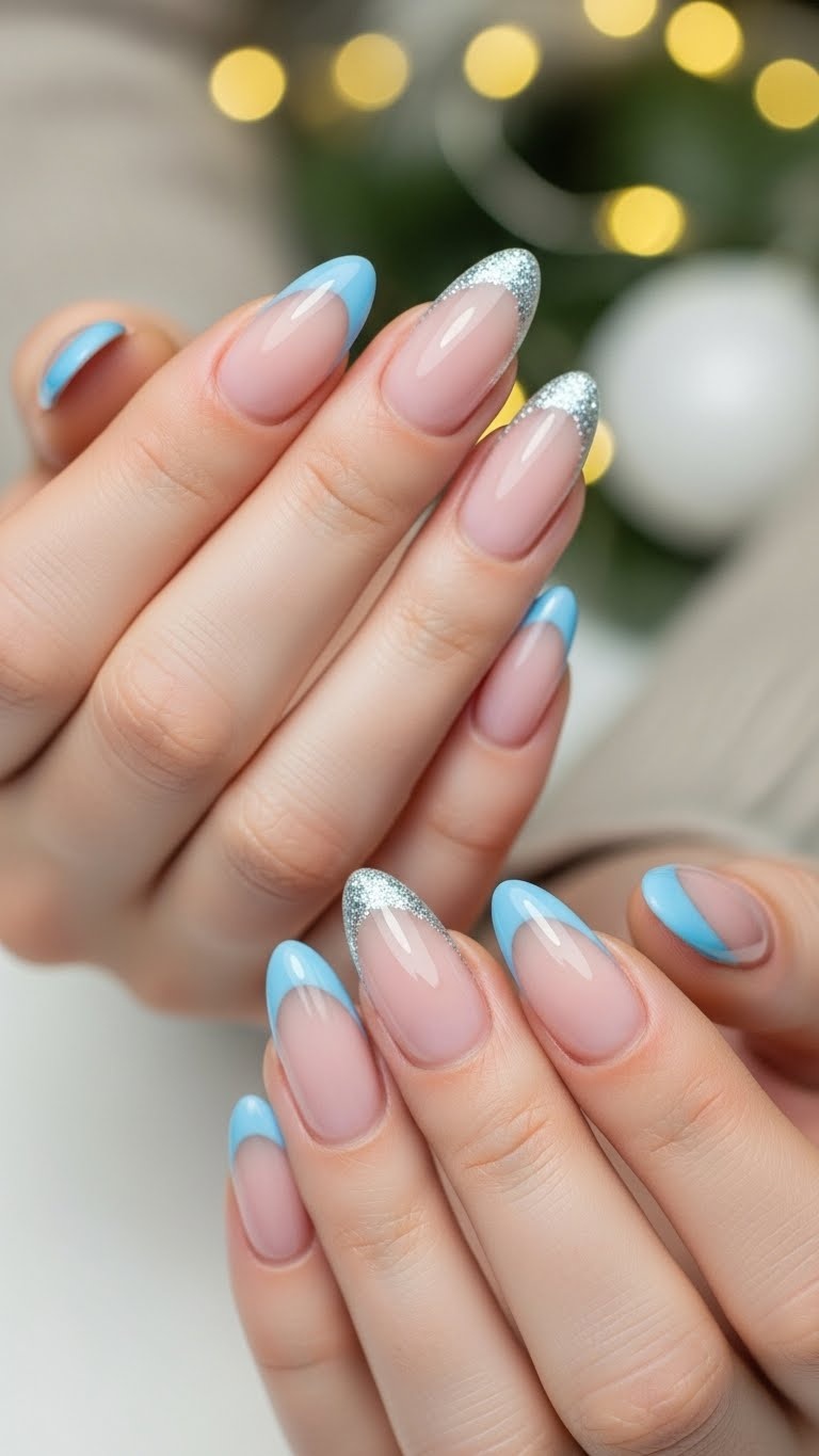 Powder blue French tips with silver glitters