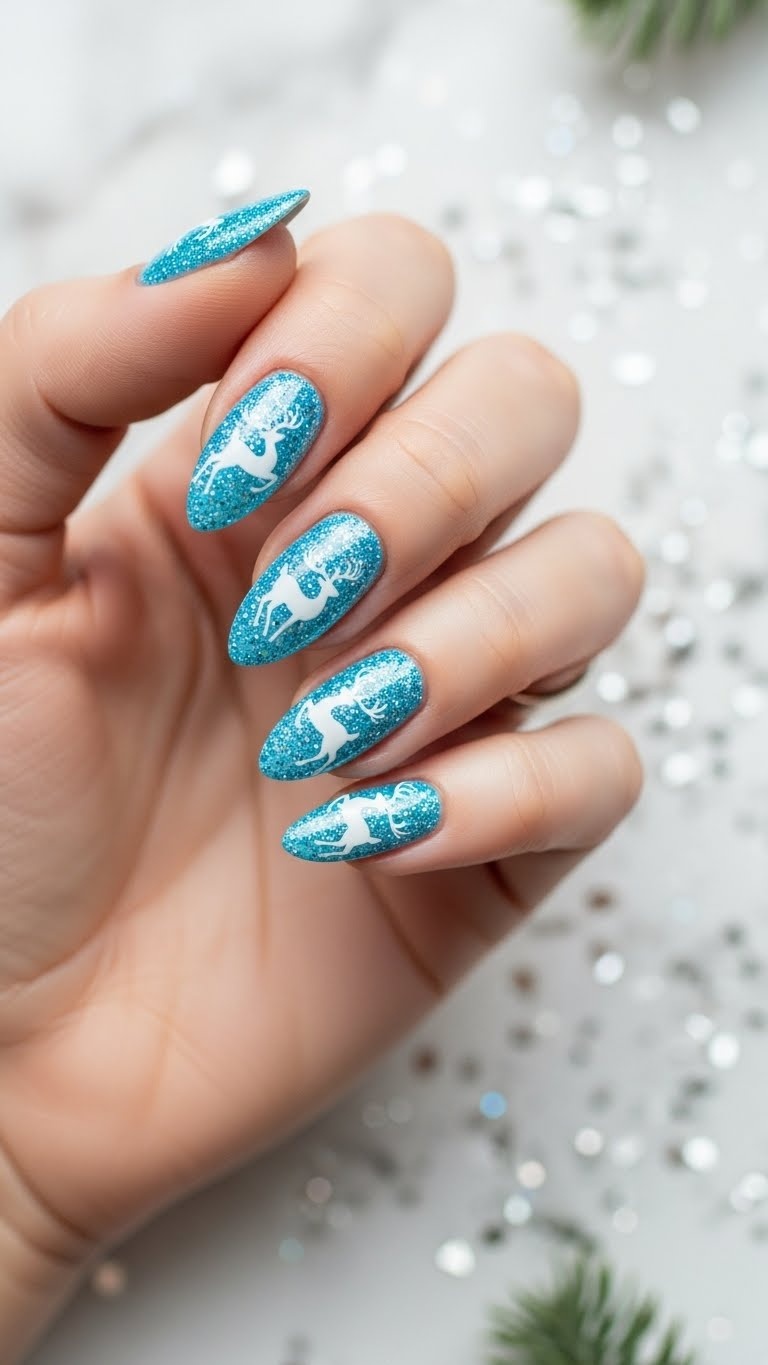 Light blue glitter base with reindeer decals