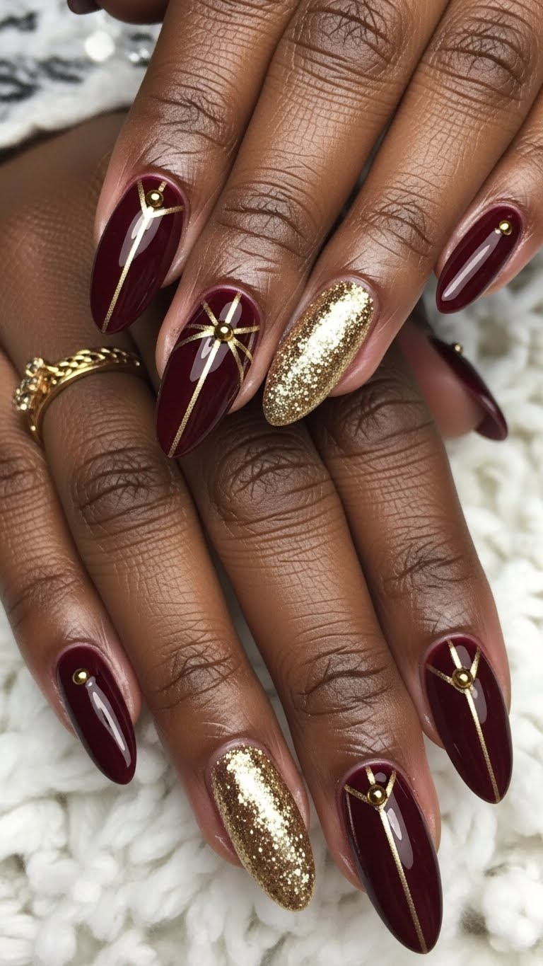 Deep burgundy with gold accents