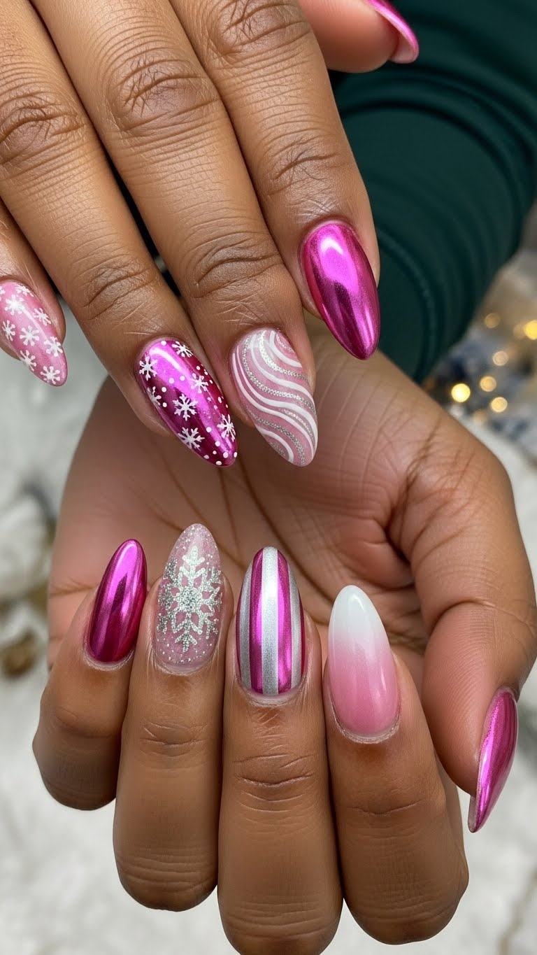 Close-up of dark-skinned hands displaying pink chrome shiny winter nail designs with various patterns.