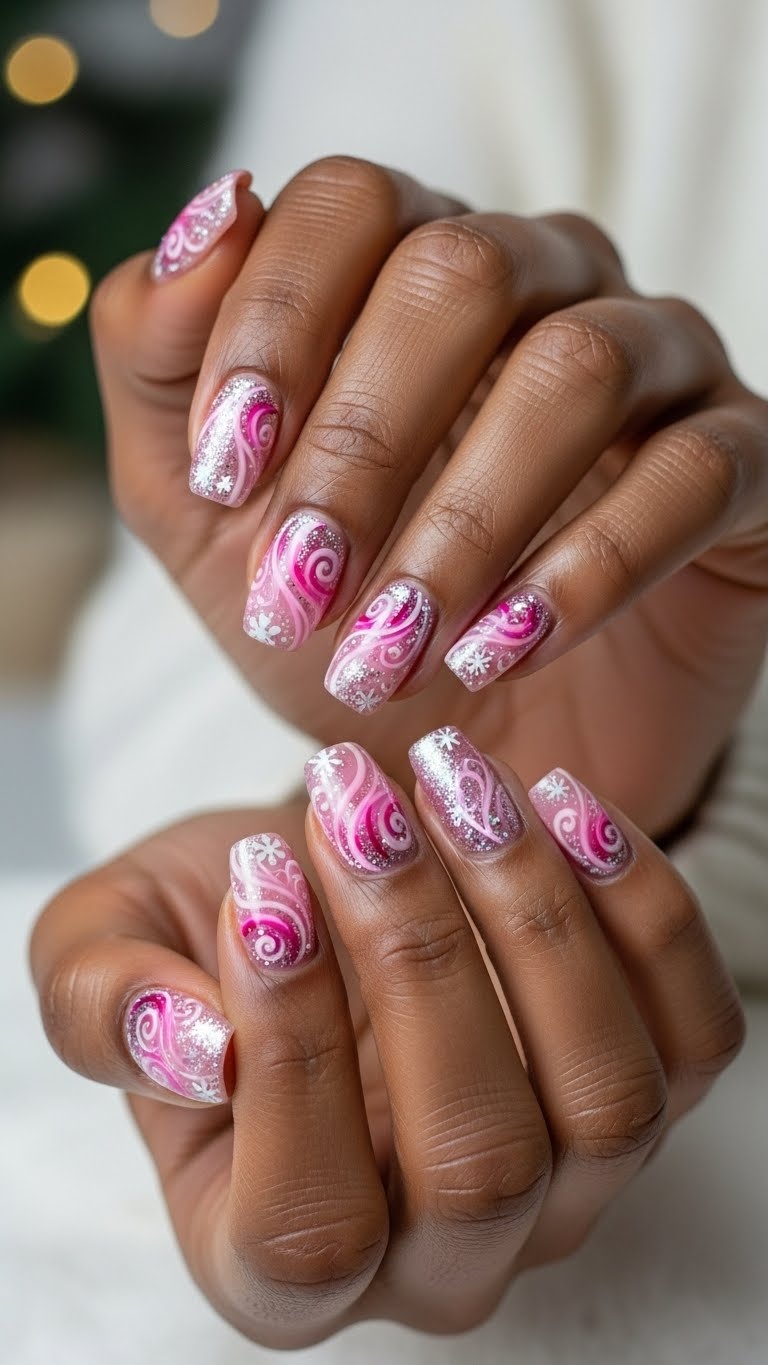 Close-up of dark-skinned hands with pink winter-themed nail art featuring swirling patterns and glitter accents.