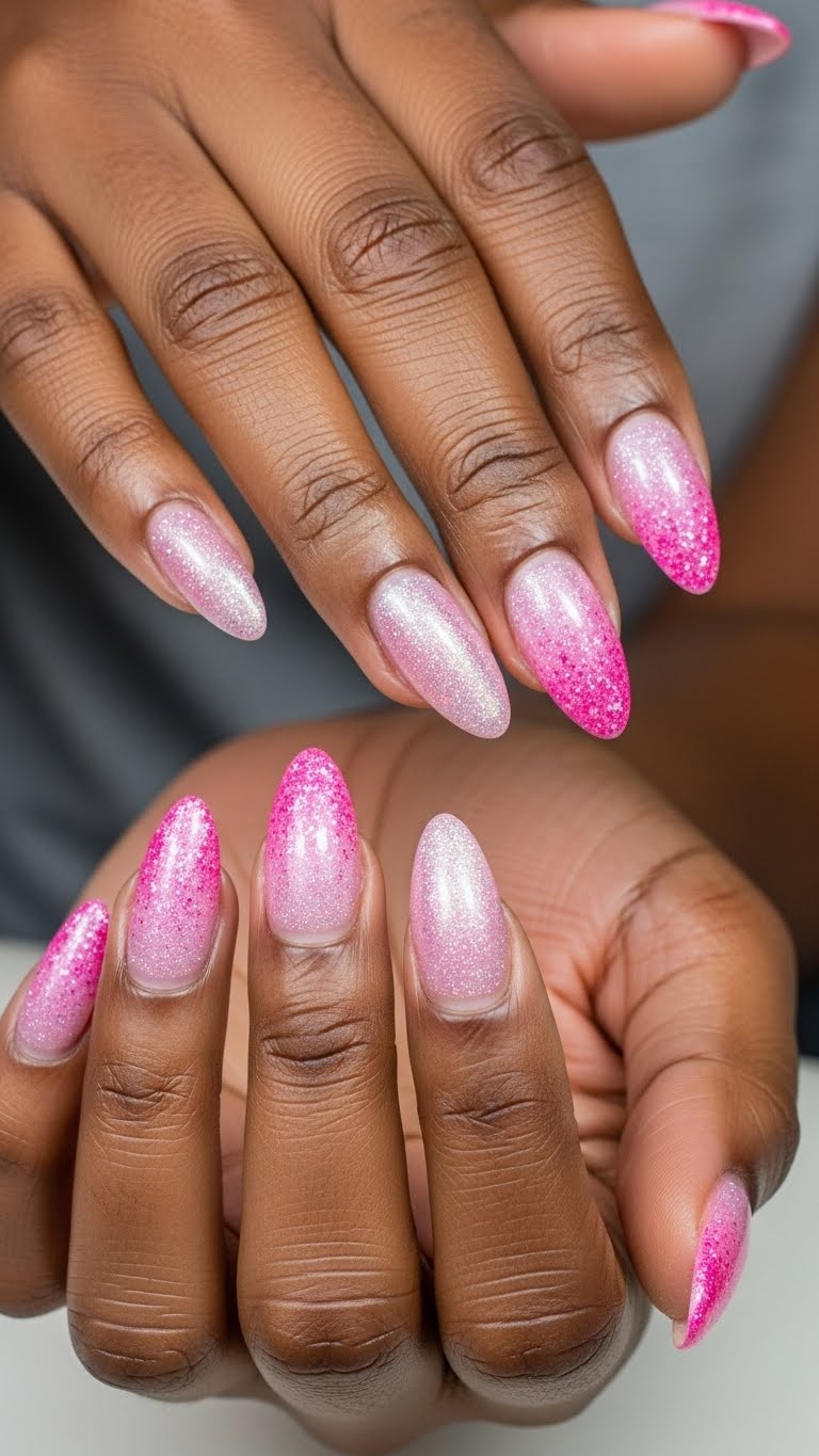 Close-up of dark-skinned hands displaying pink glitter gradient nail designs.