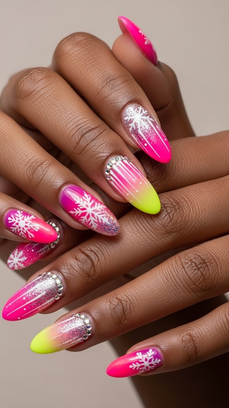 hands with neon pink ombre winter nail designs on dark skin tones arranged against a neutral background.