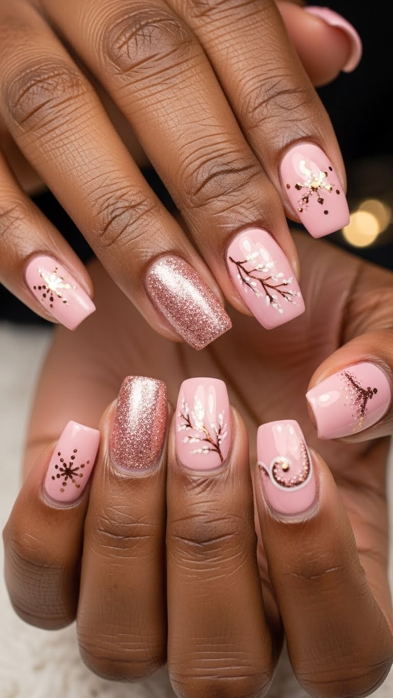 Close-up of dark-skinned hands displaying pink winter-themed nails with rose gold sparkle accents.