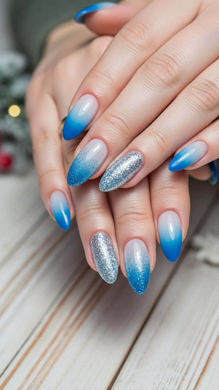 Frosty blue ombre with silver glitter tips