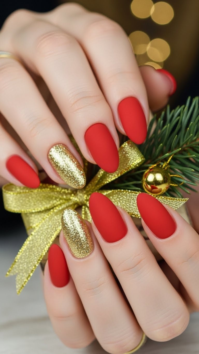 Matte Red with Gold Glitter Accent