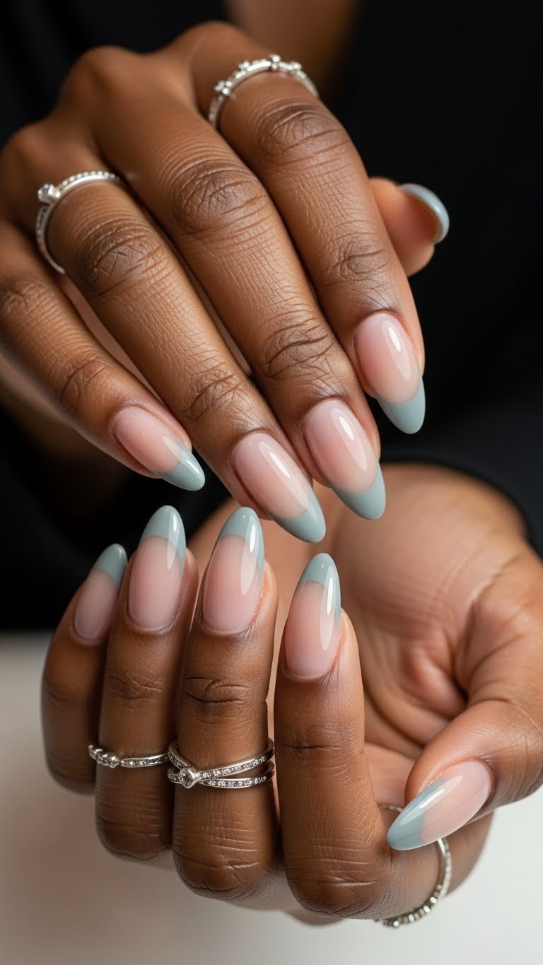 Ash Gray French Tips on Almond Nails
