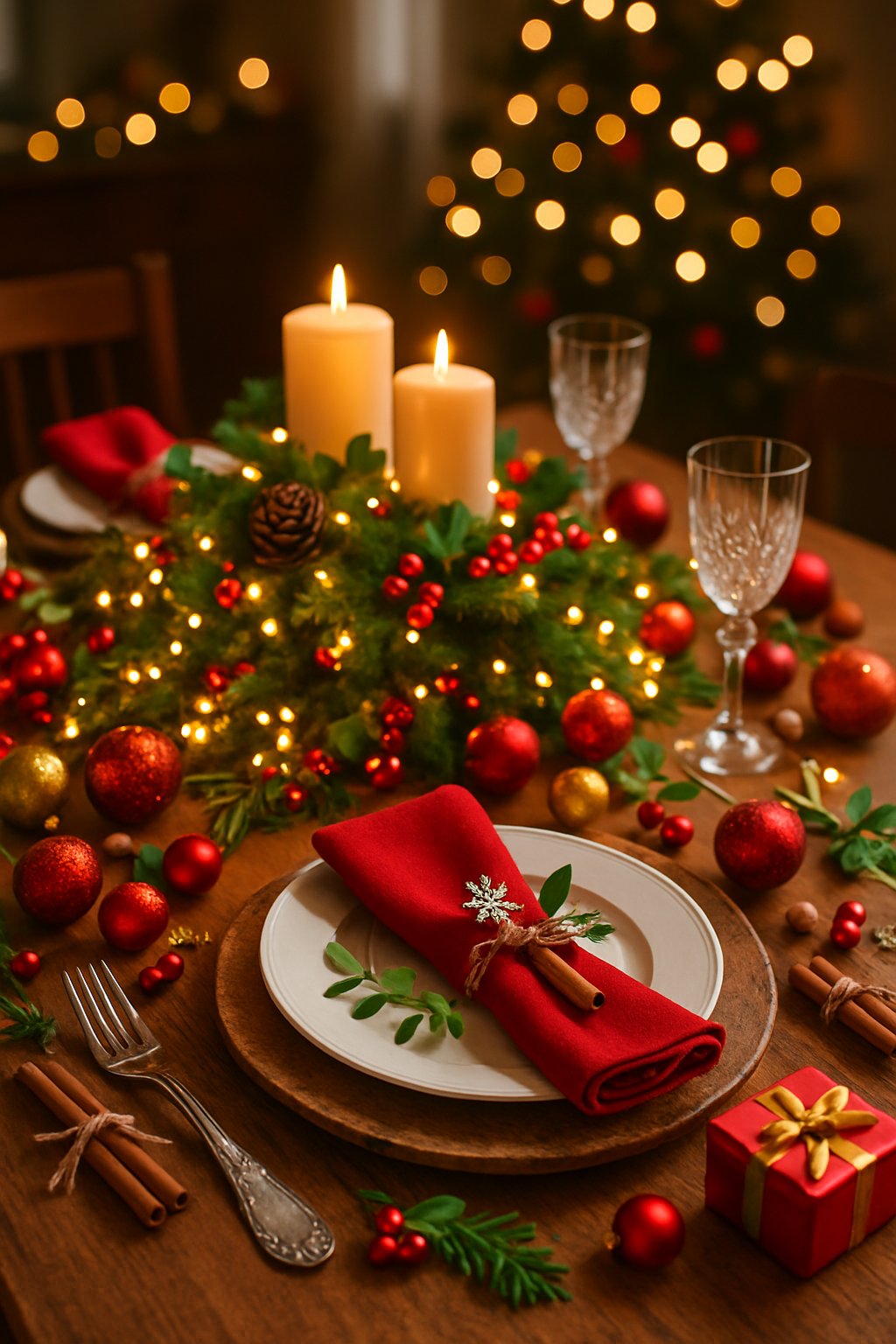 A Christmas dining table decorated with 17 different festive holiday decor ideas including candles, pine cones, ornaments, greenery, and wrapped gifts.