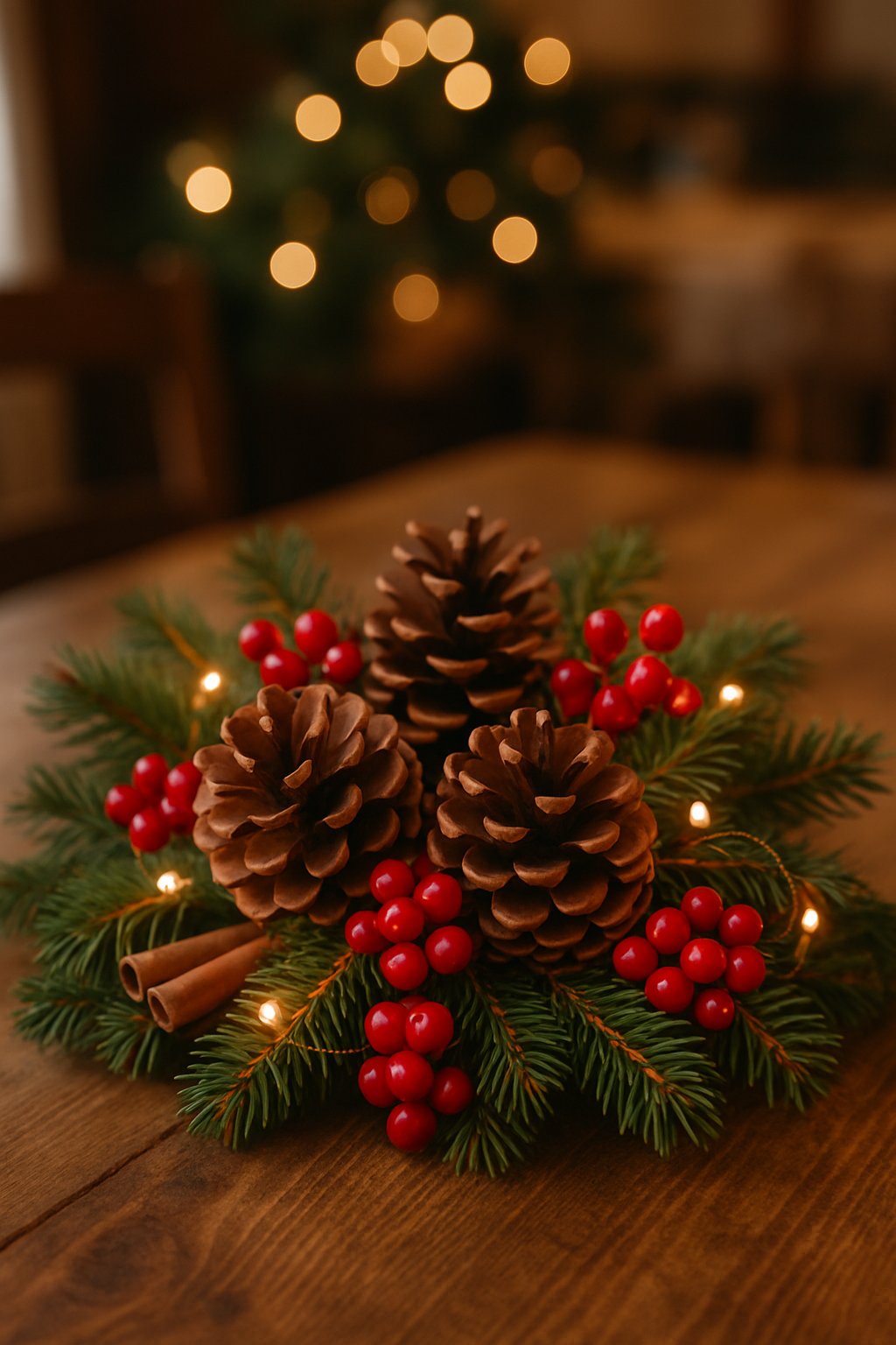 A rustic Christmas centerpiece with pinecones, red berries, evergreen branches, and warm lights on a wooden table.