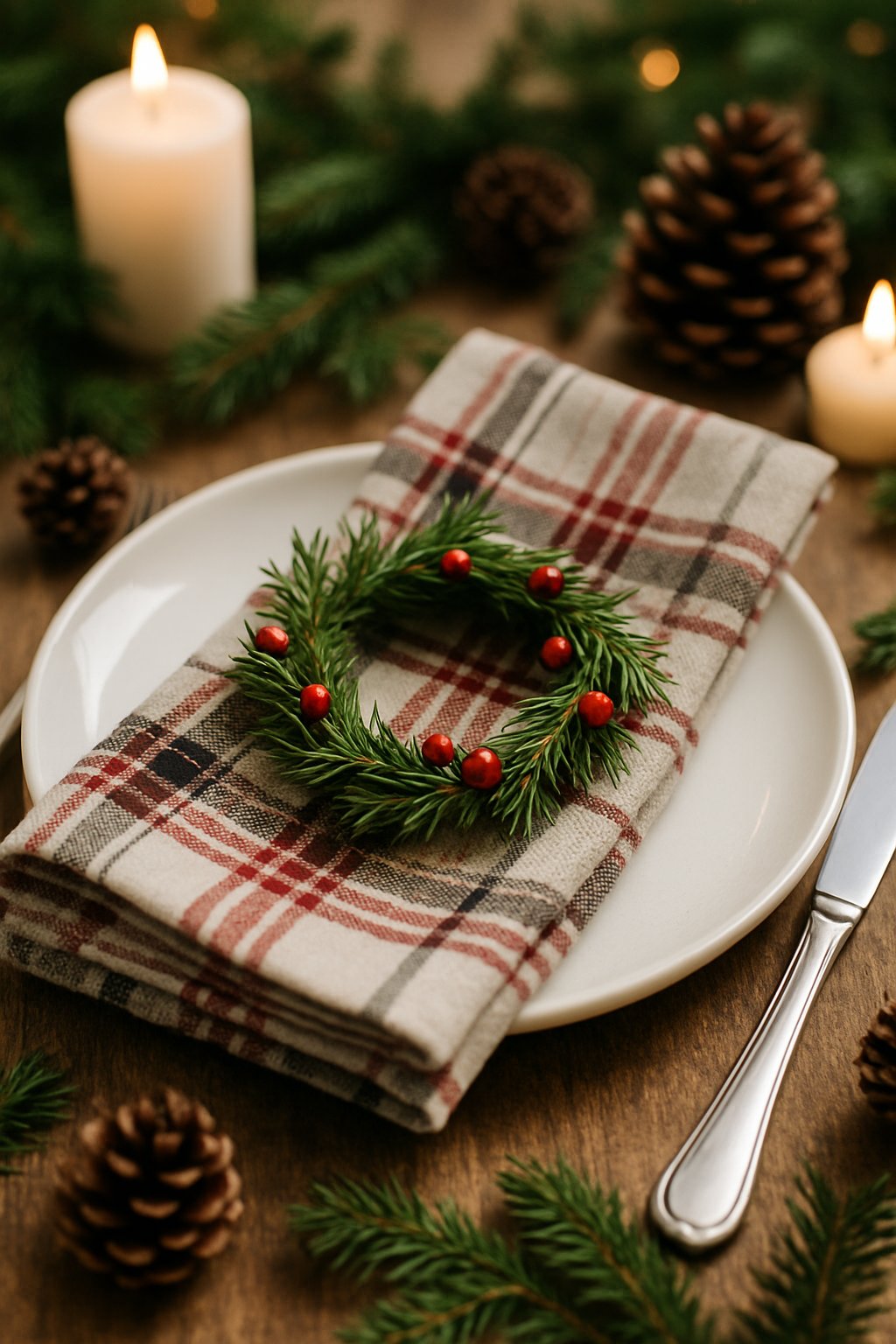 A Christmas table setting with plaid linen napkins decorated with small evergreen wreaths and festive decorations on a wooden table.