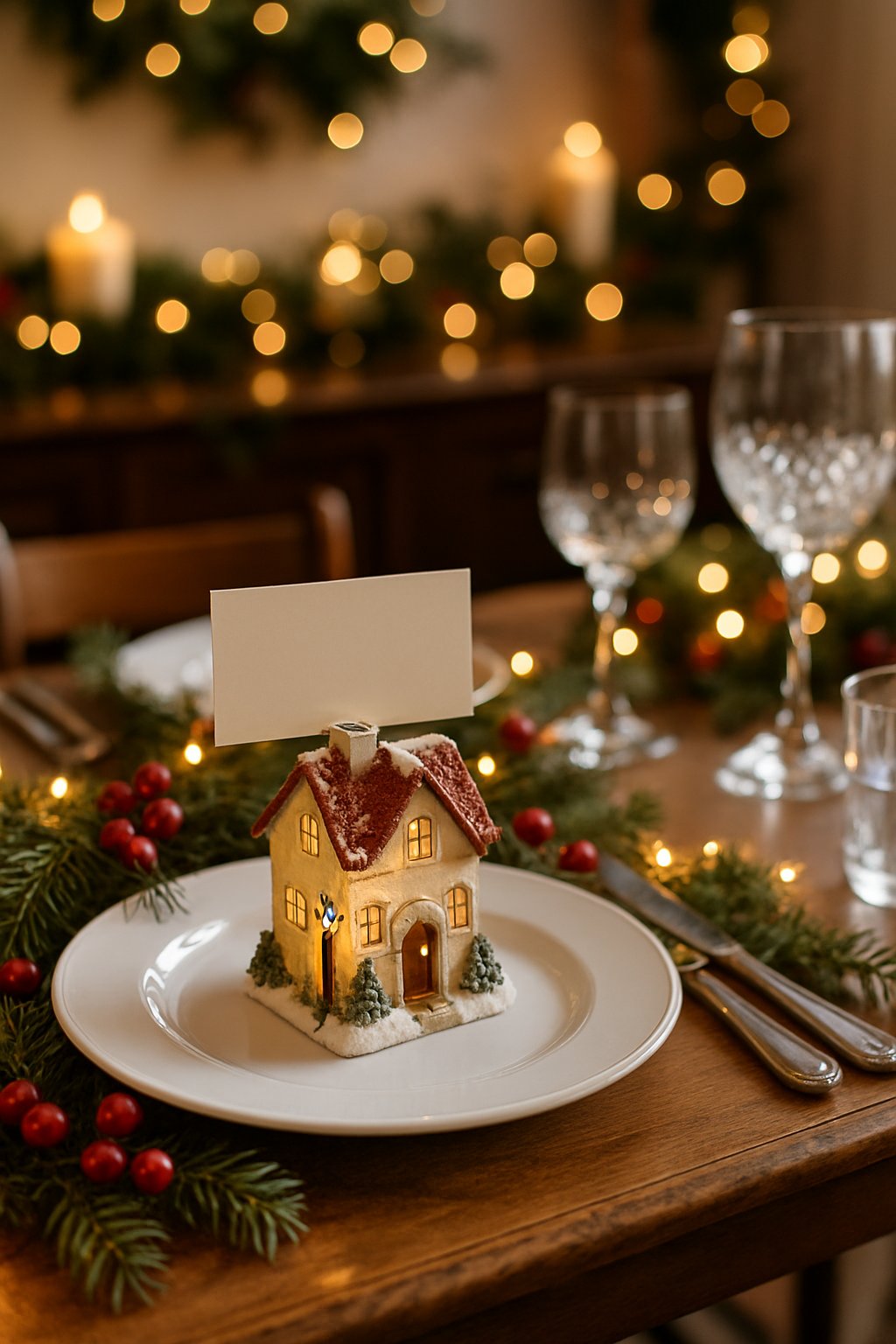 A Christmas dining table decorated with miniature village houses used as place card holders, surrounded by pine branches and holiday decorations.