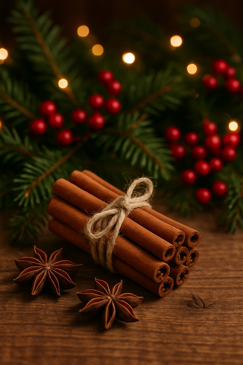 A bundle of cinnamon sticks and star anise on a wooden table with pine branches and red berries around it.