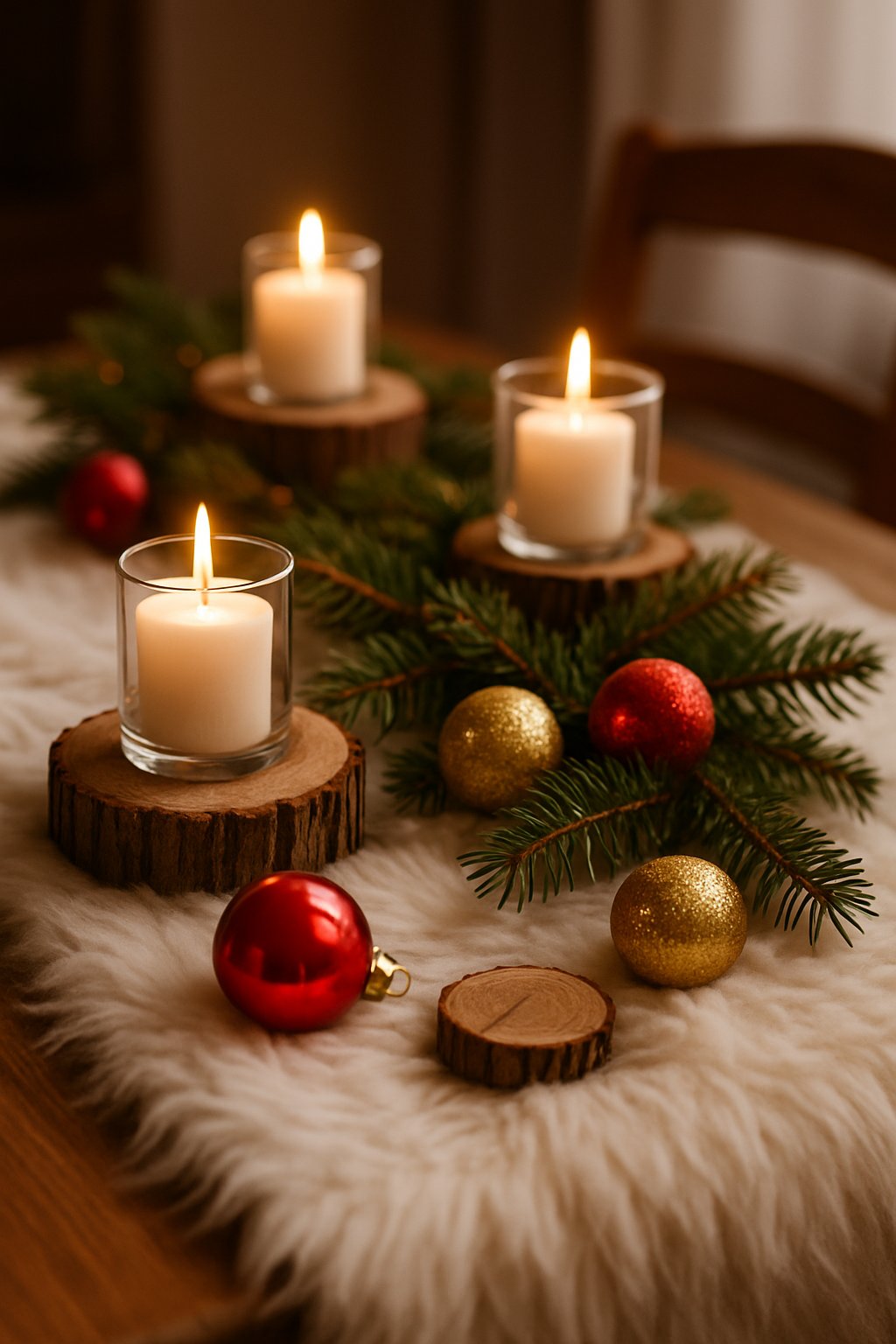 A Christmas table decorated with a white faux fur runner, pine branches, ornaments, and candles.