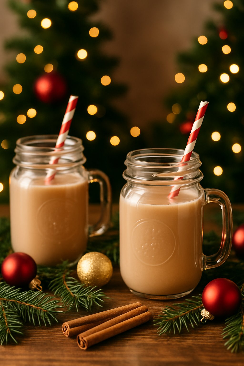 A Christmas table decorated with mason jar mugs filled with drinks and peppermint-striped straws, surrounded by holiday ornaments and pine branches.