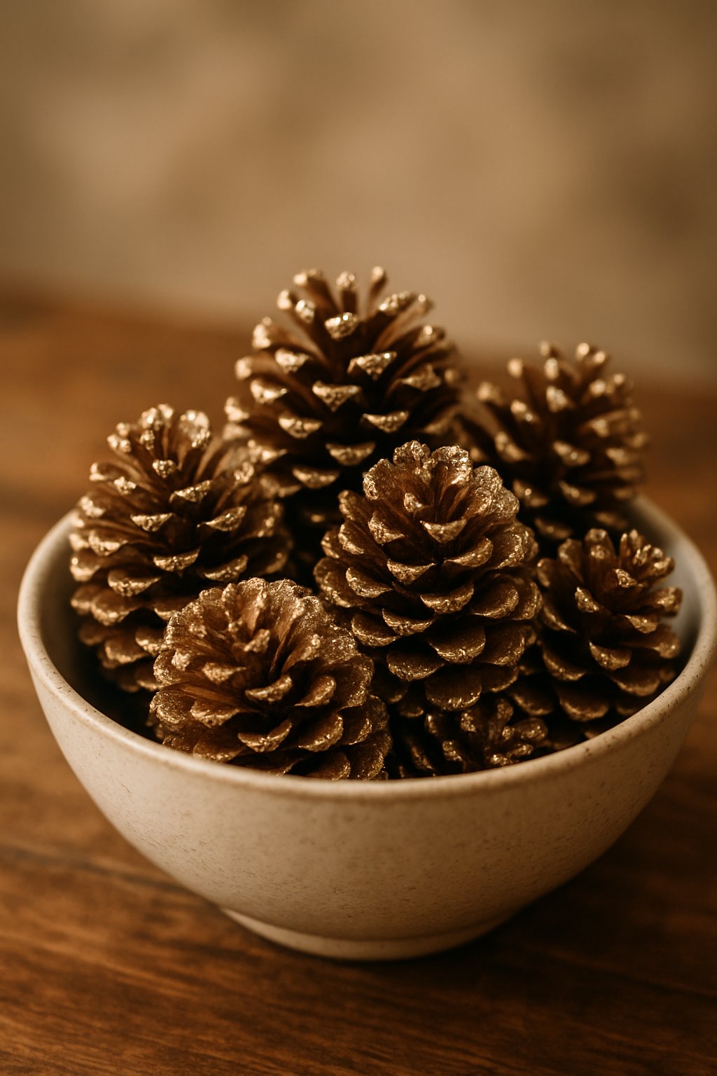A bowl filled with glitter-dusted pinecones on a wooden table.