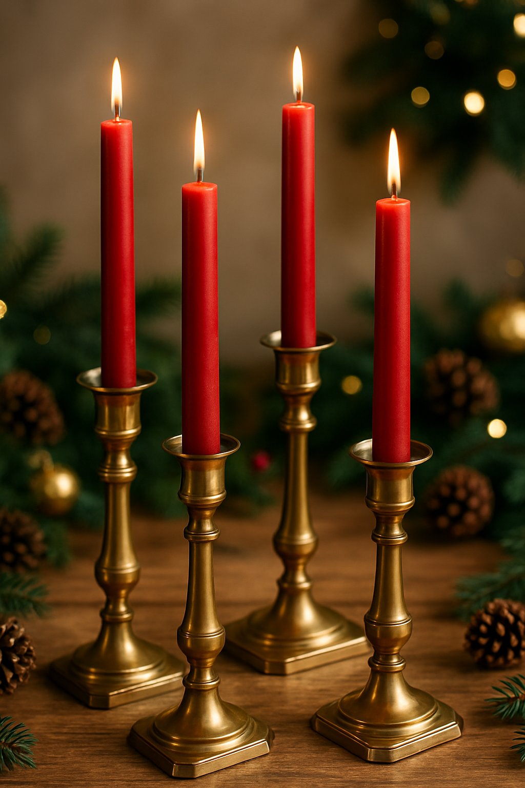 A set of vintage brass candlesticks with red candles arranged on a Christmas table with holiday decorations.