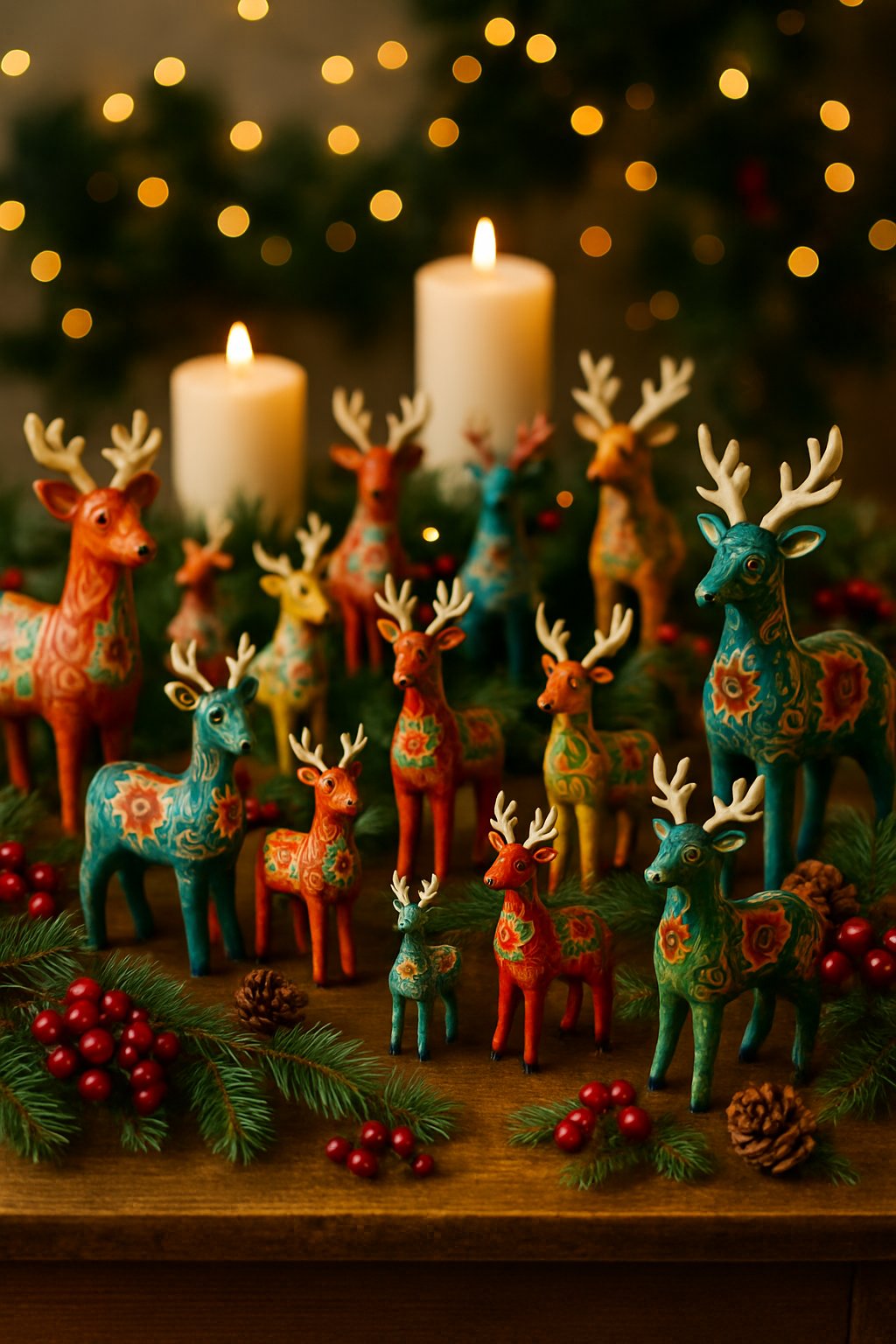 A festive Christmas table decorated with hand-painted ceramic reindeer figurines surrounded by holiday decorations including pine branches, red berries, and candles.