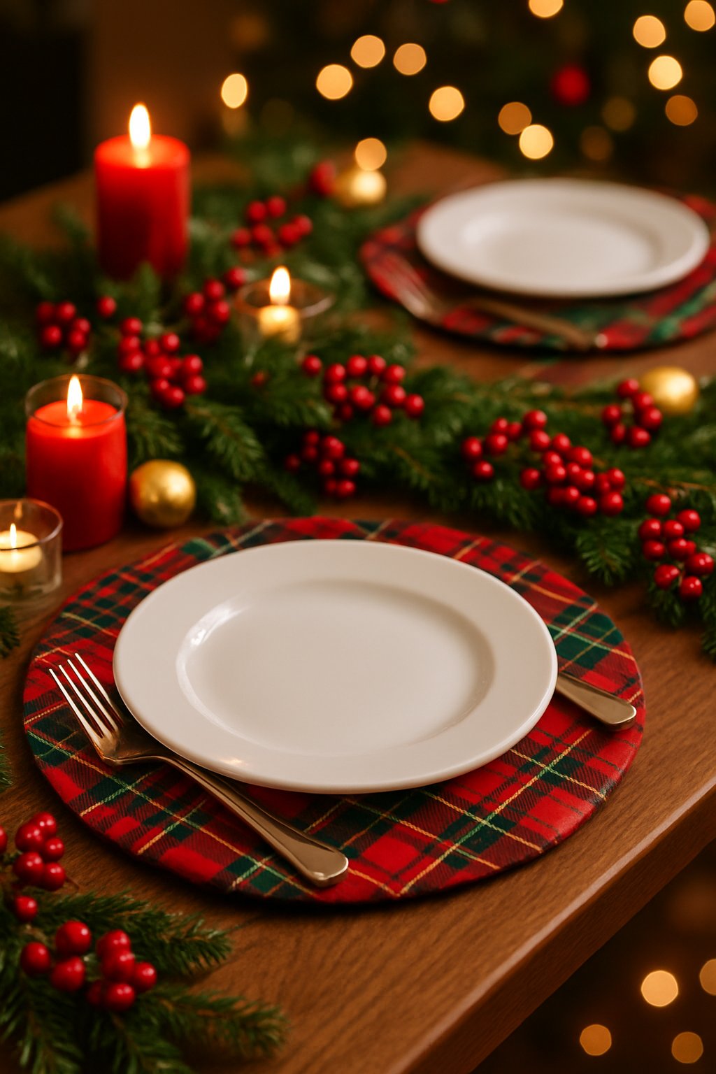 A Christmas dining table set with red and green tartan chargers, white plates, silver cutlery, and festive decorations including pine branches and candles.