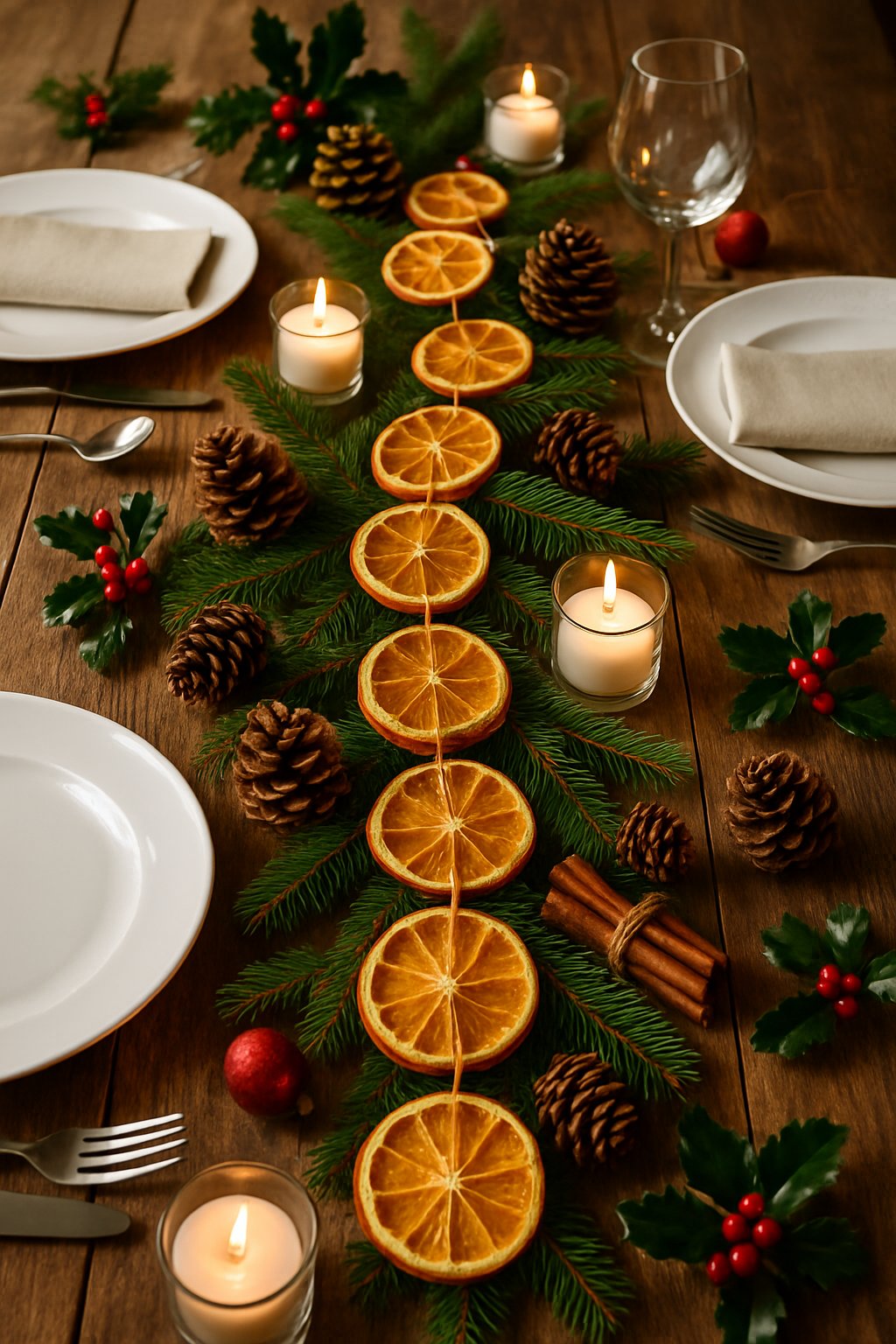 A Christmas table decorated with a dried orange slice garland, pine cones, cinnamon sticks, evergreen branches, candles, and place settings.
