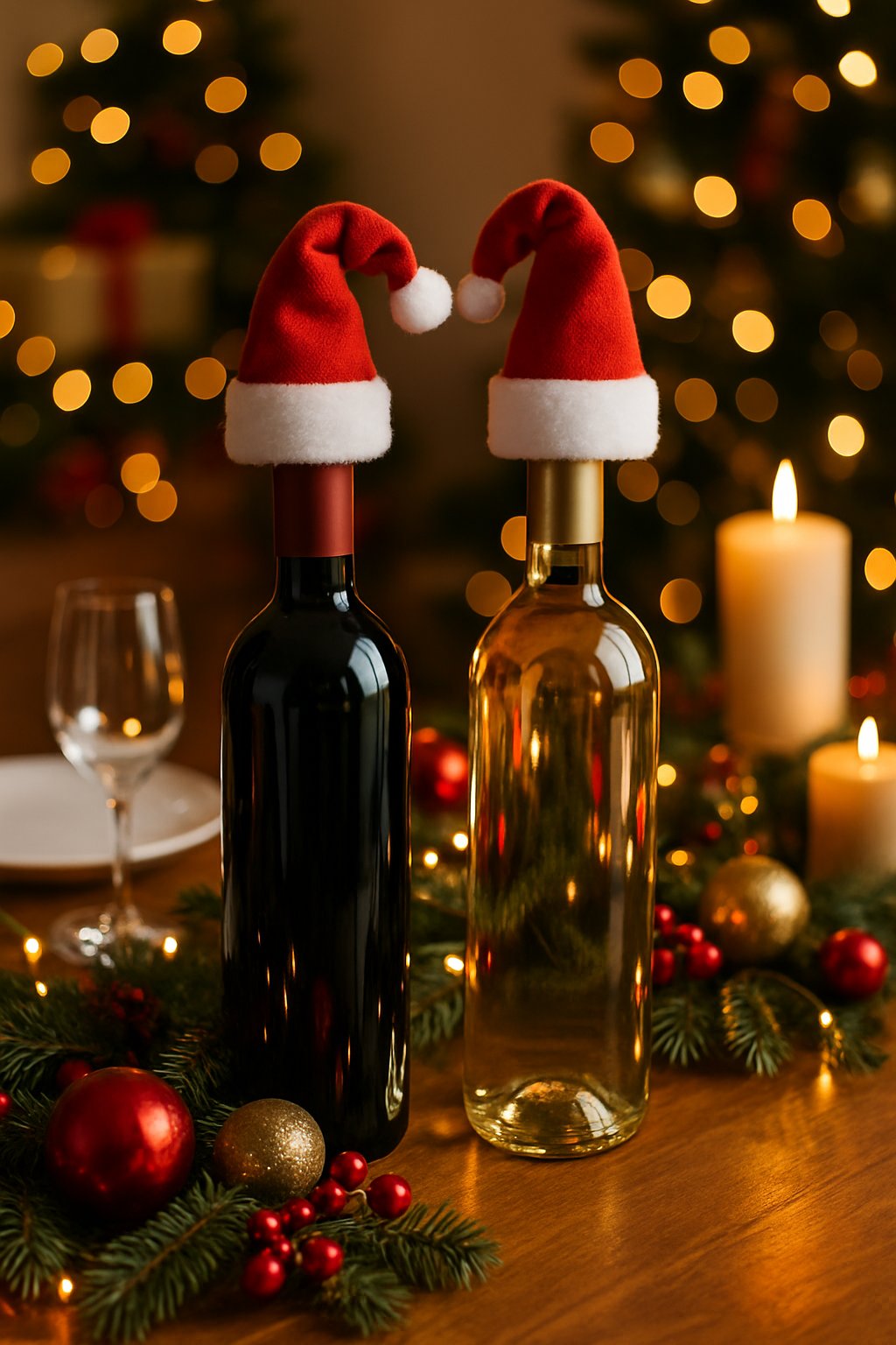 Wine bottles on a decorated Christmas table with Santa hat toppers surrounded by festive holiday decorations.